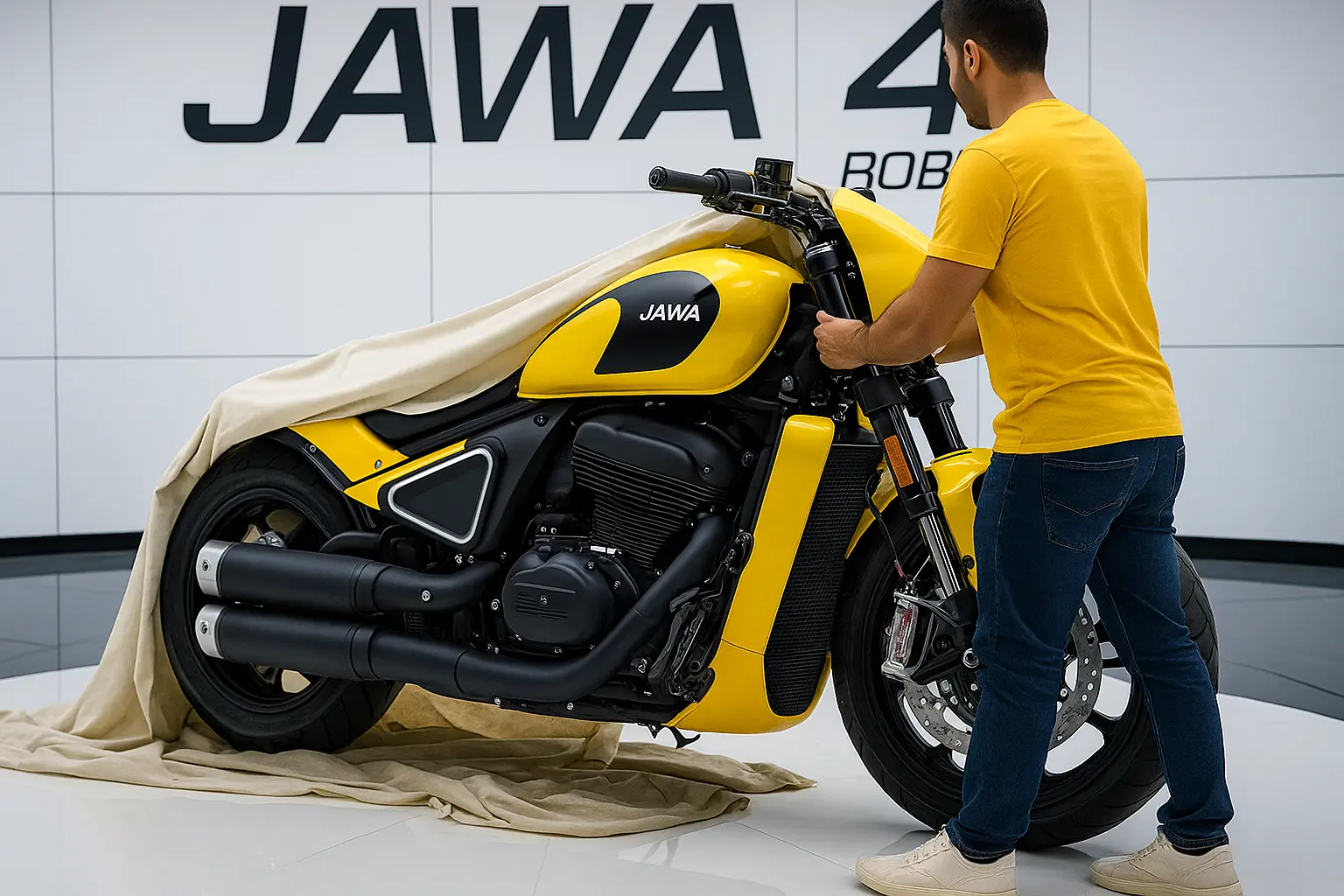 Jawa 42 Bobber 2025 motorcycle front view showing retro styling, modern LED headlamp and chrome detailing
